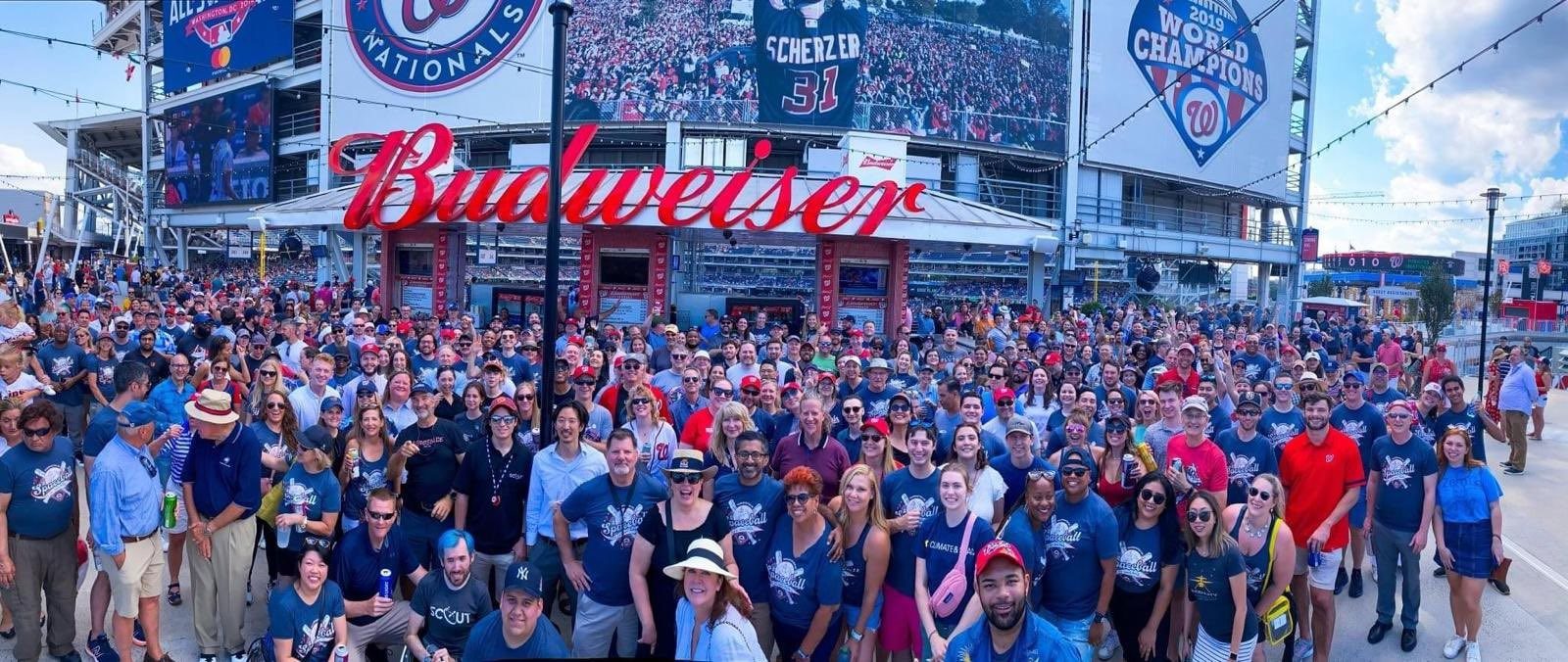 Hundreds of space-industry professionals gathered in front of the Budweiser sign at Nationals Park for Spaceball